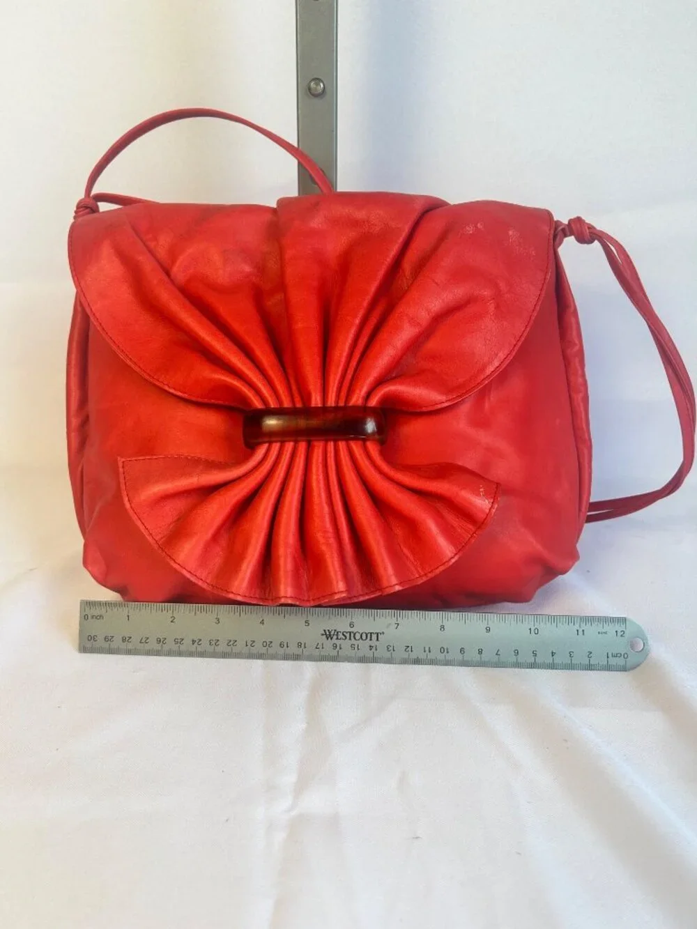 Women's Red Leather Shoulder Bag Bow Flap Purse Slouch Hobo Handbag Adjustable S